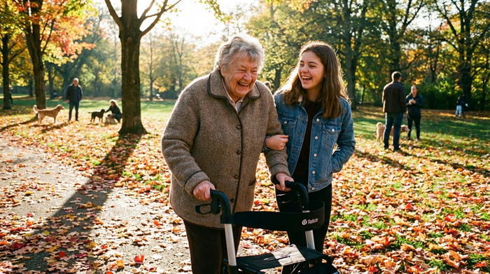 Zwei Frauen spazieren lachend durch einen sonnigen Park. Eine ältere Dame am Rollator und eine jüngere Alltagsbegleiterin. Buntes Herbstlaub liegt auf dem Boden.