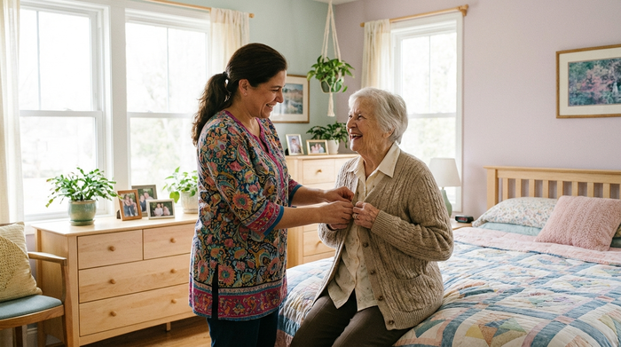 Eine fürsorgliche Pflegekraft hilft einer Seniorin liebevoll beim Richten der Kleidung in einem hellen, freundlichen Schlafzimmer.