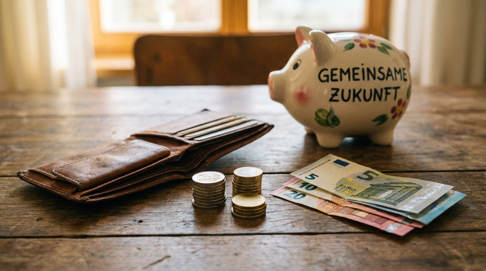 Ein offenes Portemonnaie auf einem Holztisch, daneben liegen ordentlich gestapelte Euro-Münzen und ein paar Geldscheine. Ein Sparschwein aus Keramik steht im Hintergrund, weiches Licht, fokussierte Nahaufnahme, symbolisiert finanzielle Unterstützung.
