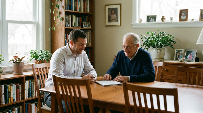 Ein freundlicher, professioneller Gutachter in einem hellen Hemd sitzt mit einem älteren Herrn an einem Esstisch. Beide schauen auf ein Notizbuch. Ruhige, respektvolle Gesprächsatmosphäre in einem gemütlichen Zuhause, natürliches Licht.