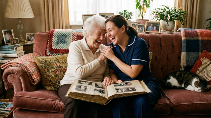 Eine ältere Frau und ihre liebevolle Betreuerin sitzen gemeinsam auf einem Sofa und betrachten lachend ein altes Fotoalbum. Harmonische, häusliche Umgebung, warme Farben, tiefe Verbundenheit.