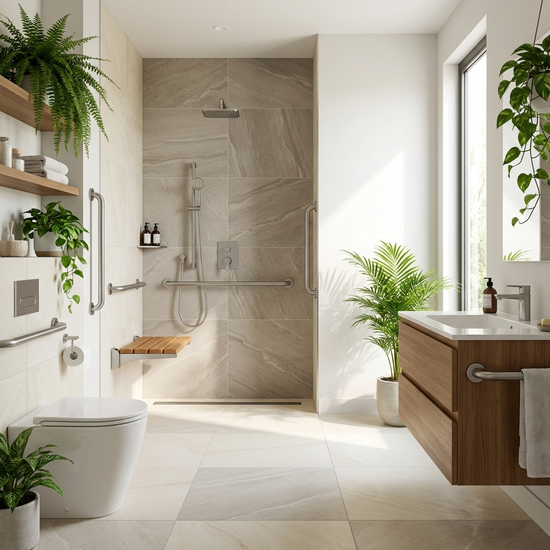 Ein elegantes, barrierefreies Badezimmer mit einer bodengleichen Dusche, rutschfesten Fliesen und dezenten Haltegriffen. Helles, modernes Design mit Pflanzenhaushalt, sehr sauber und zugänglich.