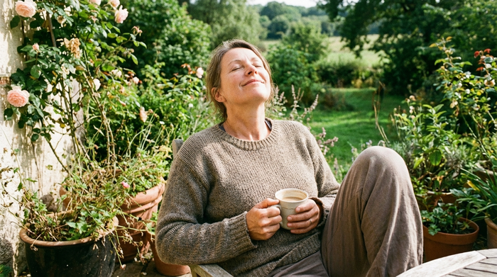 Eine erschöpfte, aber erleichterte Frau mittleren Alters trinkt entspannt einen Kaffee auf einer sonnigen Terrasse. Sie hat die Augen geschlossen und genießt eine kurze Auszeit vom Pflegealltag. Friedliche, grüne Umgebung.