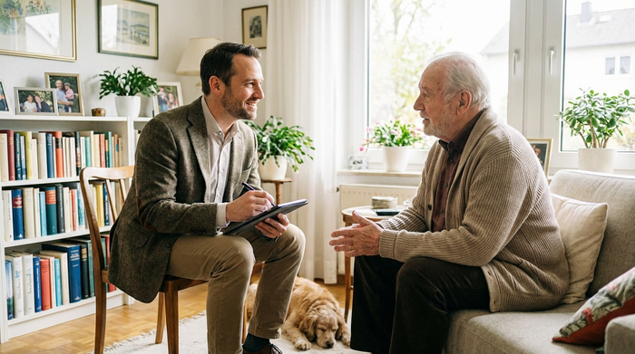 Ein freundlicher medizinischer Gutachter im Gespräch mit einem älteren Herrn in dessen Wohnzimmer. Der Gutachter macht sich Notizen auf einem Tablet. Helle, freundliche Umgebung, professionelle und empathische Stimmung.