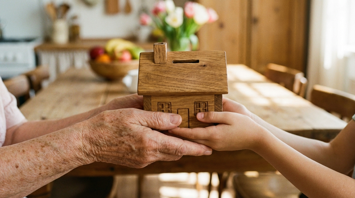 Zwei Hände, eine jünger, eine älter, halten gemeinsam eine hölzerne Spardose in Form eines Hauses. Im Hintergrund ein unscharfer, heller Küchentisch. Symbolisiert finanzielle Sicherheit und familiären Zusammenhalt.