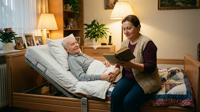Eine liebevolle osteuropäische Betreuungskraft liest einem bettlägerigen Senior in einem modernen Pflegebett aus einem Buch vor. Gemütliches Schlafzimmer, warme Beleuchtung, harmonische und vertrauensvolle Interaktion.