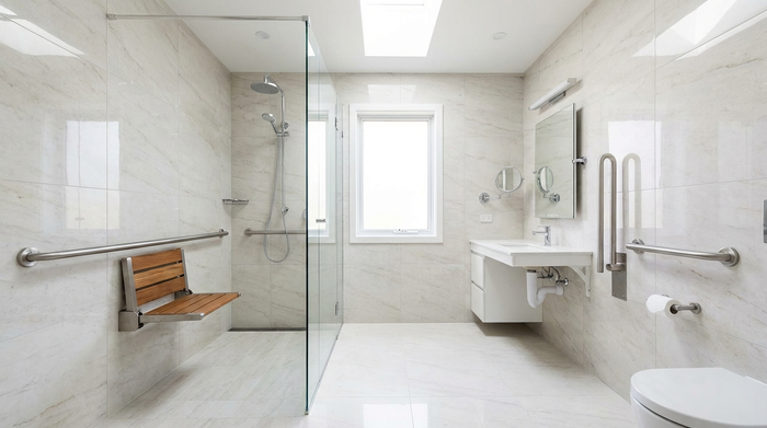 Ein modernes, barrierefreies und helles Badezimmer mit einer ebenerdigen Dusche, Haltegriffen an den Wänden und einem Duschklappsitz. Elegante Fliesen, sichere und saubere Umgebung.