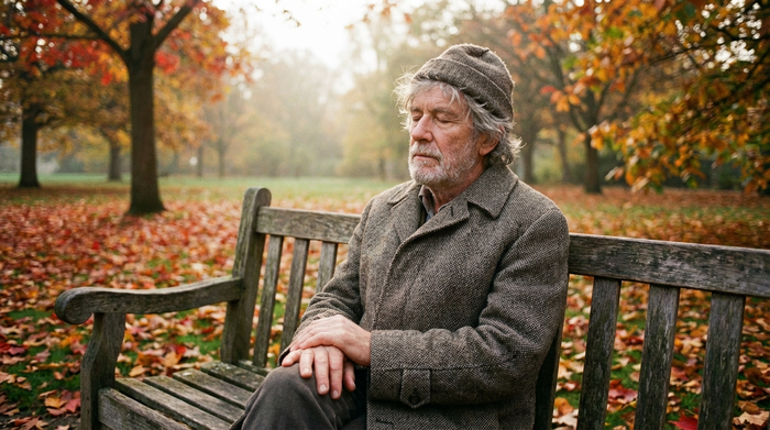 Ein älterer Herr mit grauem Haar sitzt nachdenklich auf einer Parkbank, umgeben von herbstlichen Bäumen. Er wirkt ruhig und in sich gekehrt.