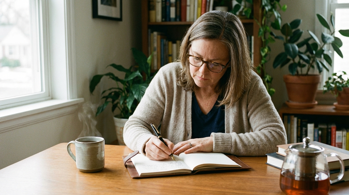 Eine Frau mittleren Alters sitzt an einem aufgeräumten Holztisch und macht sich konzentriert Notizen in einem eleganten Notizbuch. Neben ihr steht eine dampfende Tasse Tee.