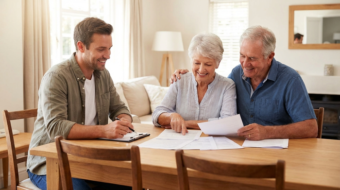 Ein freundlicher Pflegeberater sitzt mit einem älteren Ehepaar am Esstisch. Sie betrachten gemeinsam Dokumente und wirken entspannt und zuversichtlich.