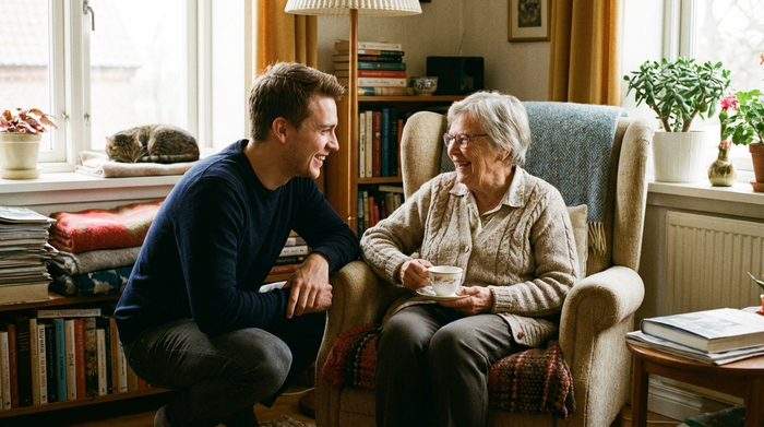 Ein lächelnder junger Mann geht auf Augenhöhe mit einer älteren Dame, die in einem gemütlichen Sessel sitzt. Sie schauen sich direkt an und lachen gemeinsam.