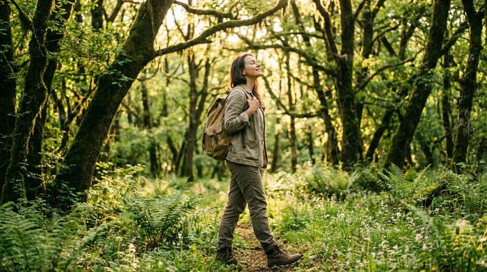 Eine entspannte Frau spaziert allein durch einen sonnendurchfluteten, grünen Wald. Sie atmet tief ein und genießt die ruhige Naturlandschaft.
