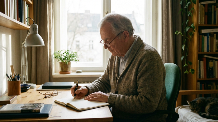 Ein älterer Herr schreibt konzentriert mit einem Stift auf einen Notizblock an einem aufgeräumten Schreibtisch. Natürliches Tageslicht fällt durch das Fenster, gemütliche und ruhige Atmosphäre.