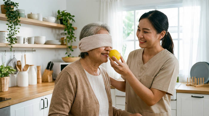 Eine lächelnde ältere Dame mit verbundenen Augen riecht an einer frischen Zitrone, die ihr von einer freundlichen Pflegerin gereicht wird. Helle, saubere Küche im Hintergrund.