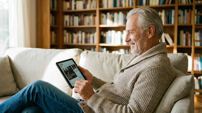 Ein moderner Senior sitzt bequem auf einem weichen Sofa und bedient aufmerksam ein Tablet. Er lächelt zufrieden. Im Hintergrund ist unscharf ein großes Bücherregal zu erkennen.