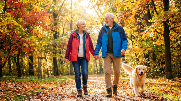 Ein aktives Seniorenpaar spaziert Hand in Hand durch einen herbstlichen Park. Bunte Blätter an den Bäumen, sonniges Wetter, dynamische und gesunde Ausstrahlung der beiden Personen.