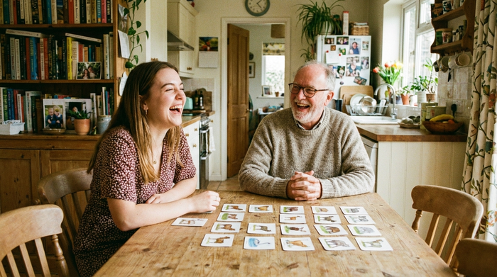 Eine junge Frau und ihr älterer Vater sitzen am Esstisch und lachen herzlich miteinander. Vor ihnen liegen aufgedeckte Memory-Karten. Entspannte und familiäre Stimmung.