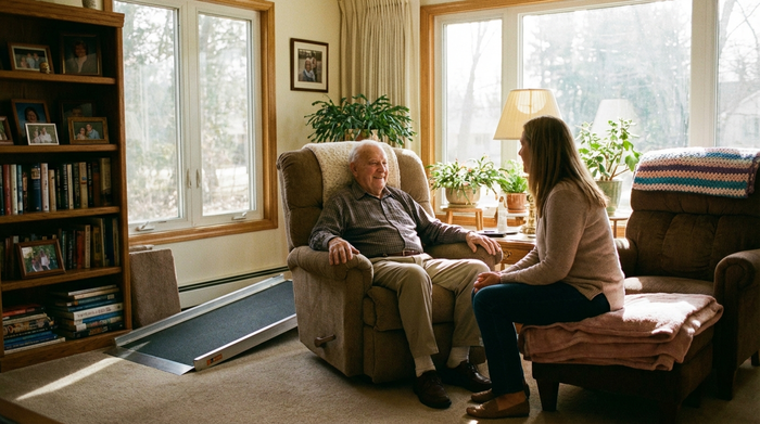 Ein älterer Herr sitzt entspannt in einem bequemen Sessel in einem sonnigen Raum und unterhält sich lächelnd mit seiner Tochter. Die Umgebung ist barrierefrei und strahlt Geborgenheit aus.