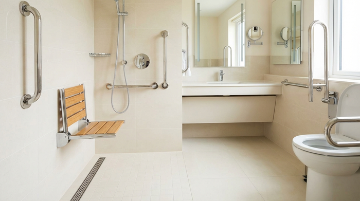 Ein gepflegtes, modernes und barrierefreies Badezimmer mit einer bodengleichen Dusche. An den hellen Fliesenwänden sind elegante, verchromte Haltegriffe montiert. Ein rutschfester Duschklappsitz ist sicher an der Wand befestigt.