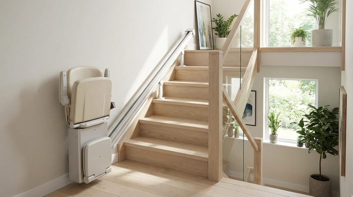 Eine moderne, helle Holztreppe in einem gepflegten Einfamilienhaus, an der ein eleganter, kompakter Treppenlift montiert ist. Der gepolsterte Sitz ist ordentlich hochgeklappt, sodass die Treppe frei bleibt.