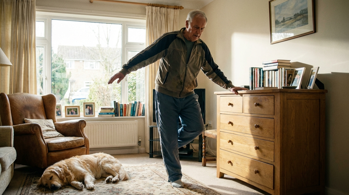 Ein aktiver Senior in bequemer Sportkleidung steht im heimischen Wohnzimmer und macht konzentriert einen Einbeinstand. Er hält sich zur Sicherheit mit einer Hand an einer stabilen Holzkommode fest.