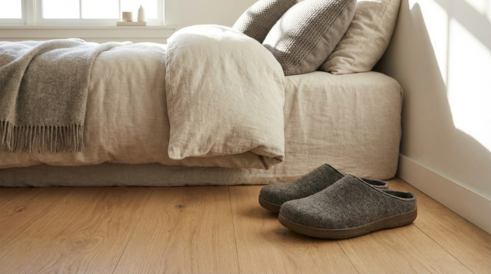 Ein Paar bequeme, geschlossene Hausschuhe mit einer festen, rutschfesten Gummisohle stehen ordentlich auf einem hellen Holzboden direkt neben einem gemütlich gemachten Bett.