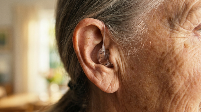 Eine detaillierte, realistische Nahaufnahme eines modernen, unsichtbaren Im-Ohr-Hörgeräts, das dezent im Ohr einer älteren Dame sitzt. Helles, freundliches Licht, Fokus auf das Ohr und das kleine Gerät, unscharfer Hintergrund.