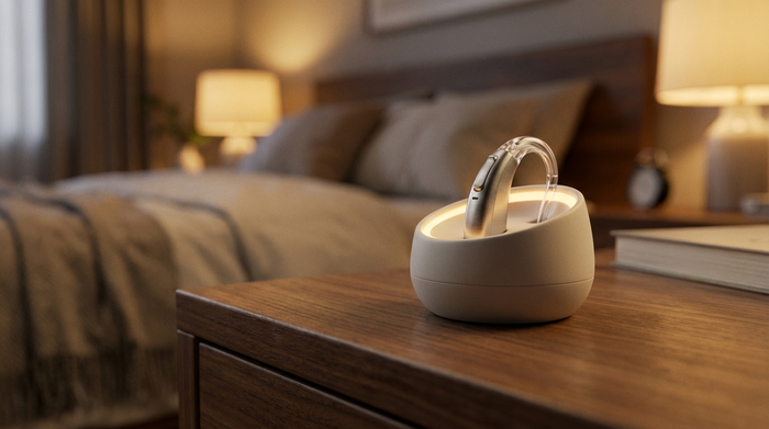 Ein elegantes, modernes Hörgerät liegt in einer kleinen, sanft beleuchteten Ladeschale auf einem hölzernen Nachttisch. Im Hintergrund ein unscharfes, gemütliches Schlafzimmer. Hochwertige Makroaufnahme, warmes Licht, saubere Umgebung.