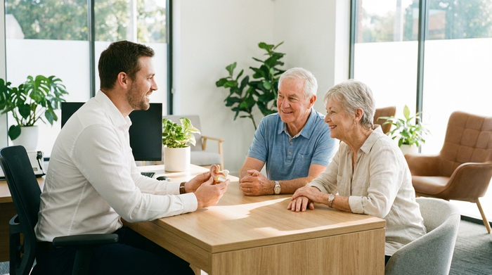 Ein freundlicher Hörakustiker im weißen Hemd berät ein lächelndes älteres Ehepaar an einem hellen Schreibtisch in einem modernen Fachgeschäft. Er hält ein kleines Hörmodell in der Hand. Vertrauensvolle Atmosphäre, natürliches Licht, keine Schriftzüge.