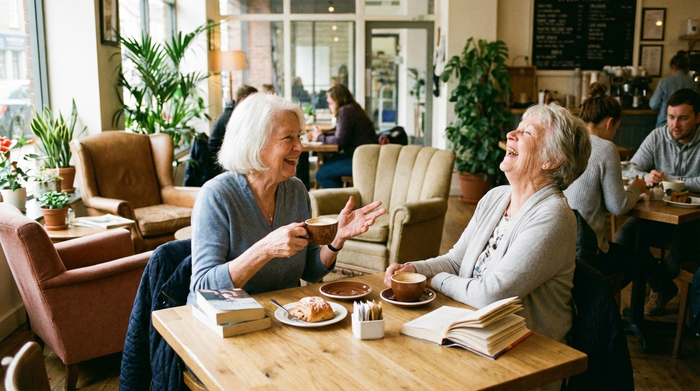 Eine lächelnde ältere Frau sitzt in einem gemütlichen Café und unterhält sich angeregt mit einer Freundin. Beide trinken Kaffee. Klare Umgebung, fröhliche Stimmung, Fokus auf soziale Interaktion und Lebensfreude.