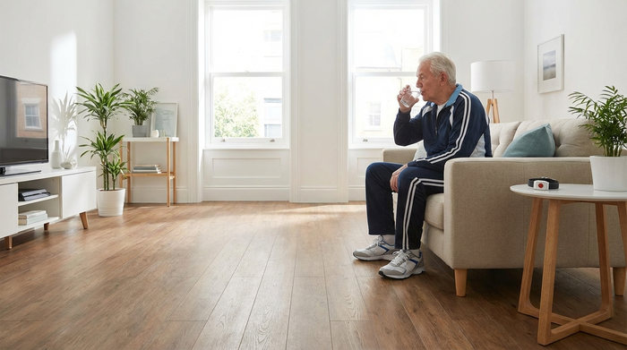 Ein aufgeräumtes, helles Wohnzimmer mit rutschfestem Holzboden. Ein älterer Herr in sportlicher Kleidung trinkt aus einem Wasserglas, neben ihm liegt ein Hausnotruf-Armband bereit auf dem Tisch.
