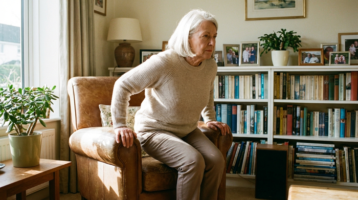 Eine rüstige Seniorin steht konzentriert vor einem stabilen Sessel im Wohnzimmer auf. Sie trägt bequeme Kleidung und stützt sich leicht mit den Händen auf den Oberschenkeln ab, der Rücken ist gerade.