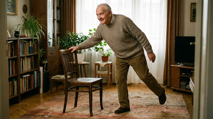 Ein älterer Mann steht auf einem Bein neben einem Holzstuhl und hält sich mit einer Hand leicht an der Lehne fest. Er blickt fokussiert und lächelnd geradeaus in einem freundlich eingerichteten Raum.