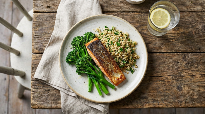 Ein appetitlich angerichteter Teller mit gebratenem Lachsfilet, frischem Brokkoli und einer kleinen Portion Quinoa auf einem rustikalen Holztisch. Daneben steht ein Glas Wasser mit einer Zitronenscheibe.