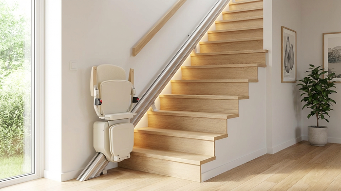 Ein moderner, unauffälliger Treppenlift an einer hellen Holztreppe in einem gepflegten Einfamilienhaus. Die Treppe ist gut beleuchtet und wirkt einladend und sicher.