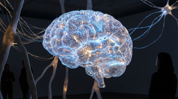 Eine detaillierte, künstlerische 3D-Darstellung eines leuchtenden menschlichen Gehirns, das durch helle Synapsen und neuronale Netzwerke verbunden ist. Sanfte blaue und goldene Farben symbolisieren Neuroplastizität und geistige Aktivität.