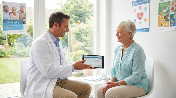 Ein freundlicher Arzt in einem weißen Kittel überreicht einer lächelnden älteren Patientin in einer modernen, hellen Praxis ein Tablet. Vertrauensvolle Atmosphäre, natürliches Licht, Fokus auf gesundheitliche Aufklärung.