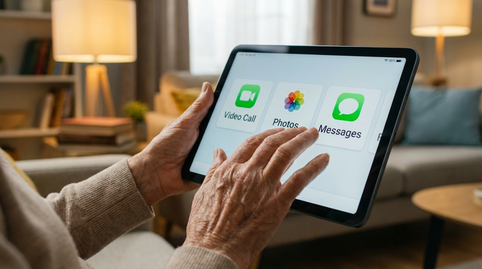 Nahaufnahme der Hände einer älteren Person, die sanft über den großen, klaren Bildschirm eines modernen Tablets wischen. Im Hintergrund unscharf ein gemütliches Wohnzimmer. Fokus auf Barrierefreiheit und einfache Bedienung.