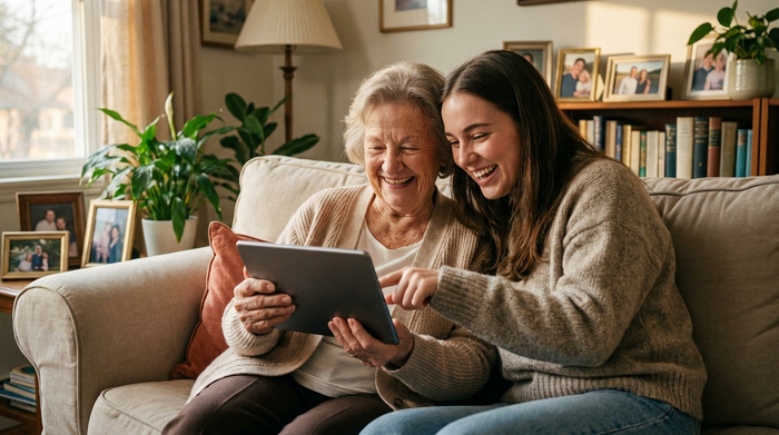 Eine junge Frau und ihre Großmutter sitzen entspannt nebeneinander auf einem bequemen Sofa, schauen gemeinsam auf ein Tablet und lachen fröhlich. Generationenverbindende, harmonische Szene im familiären Umfeld.