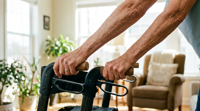 Nahaufnahme der Hände eines Seniors, der die ergonomischen Griffe eines modernen Rollators umfasst. Die Ellenbogen sind leicht angewinkelt, die Körperhaltung ist aufrecht. Heller, freundlicher Raum im Hintergrund.