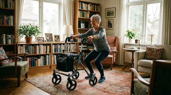 Eine fitte Seniorin macht Kniebeugen hinter ihrem festgestellten Rollator im Wohnzimmer. Sie hält sich an den Griffen fest und hat einen geraden Rücken. Gemütliches, helles Wohnambiente.