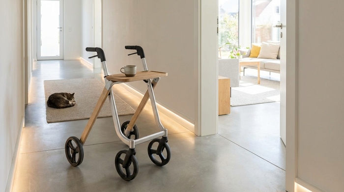Ein moderner, schmaler Indoor-Rollator mit einem kleinen Holztablett steht in einem barrierefreien, gut beleuchteten Flur ohne Türschwellen. Auf dem Tablett steht eine Tasse Kaffee. Helle, sichere Wohnumgebung.