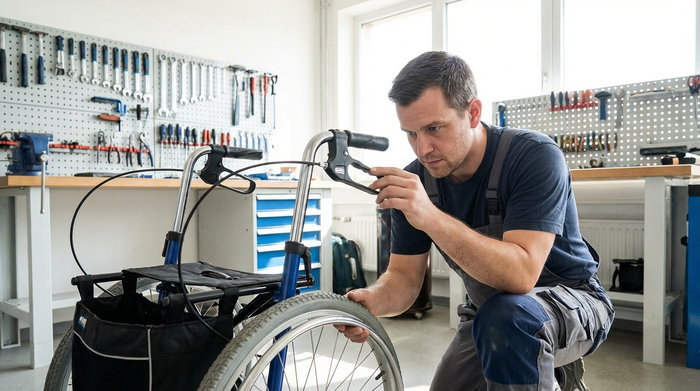 Ein Pfleger überprüft konzentriert die Bremshebel und Reifen eines Rollators in einer hellen Werkstatt. Werkzeuge liegen ordentlich im Hintergrund auf einer Werkbank.