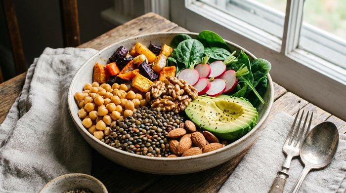 Eine ästhetische, farbenfrohe Bowl mit verschiedenen Hülsenfrüchten wie Linsen und Kichererbsen, frischem Gemüse und Nüssen auf einem rustikalen Holztisch. Natürliches Licht, hochauflösende Food-Fotografie.