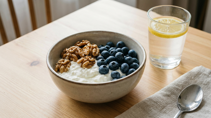 Ein leckeres, proteinreiches Senioren-Frühstück: Eine Schale mit Magerquark, Walnüssen und frischen Blaubeeren neben einem Glas Wasser auf einem hellen Küchentisch. Realistische, appetitliche Darstellung.