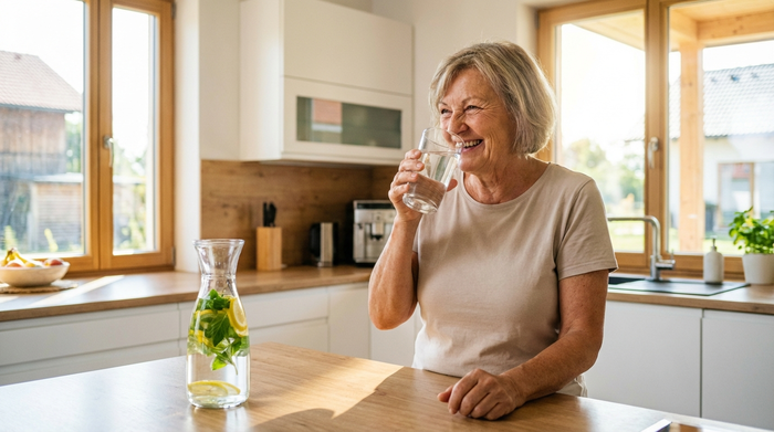 Eine gut gelaunte Seniorin trinkt ein großes Glas klares Wasser in einer hellen, modernen Küche. Auf dem Tresen steht eine Glaskaraffe mit Wasser, frischen Kräutern und Zitrone. Klare, freundliche Szene.