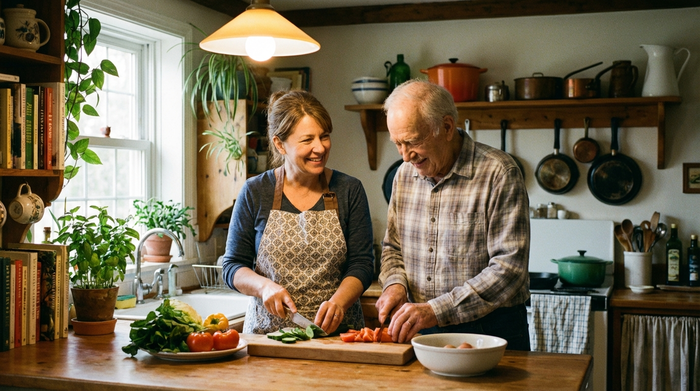 Eine liebevolle Pflegekraft kocht gemeinsam mit einem älteren Herrn in einer gemütlichen Küche. Beide lächeln entspannt und schneiden frisches Gemüse. Warme Beleuchtung, authentische und herzliche Pflegesituation.
