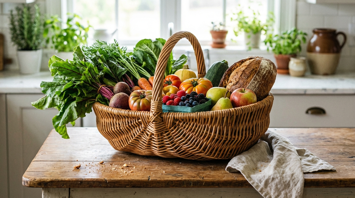 Ein prall gefüllter Einkaufskorb mit frischem, saisonalem Gemüse, Obst und knusprigem Vollkornbrot steht auf einer Küchenanrichte. Im Hintergrund ist leicht unscharf eine helle Küche zu erkennen. Realistische Nahaufnahme.