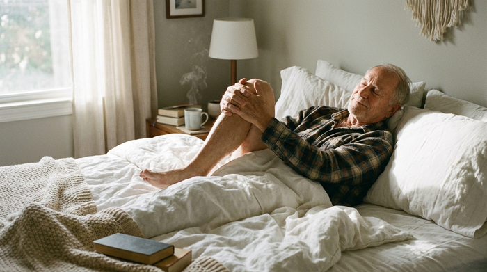 Ein älterer Herr liegt entspannt in einem gemütlichen Bett mit weißen Laken und zieht sanft ein Knie zur Brust, um seine Gelenke am Morgen zu mobilisieren. Weiches Morgenlicht fällt durch das Fenster.