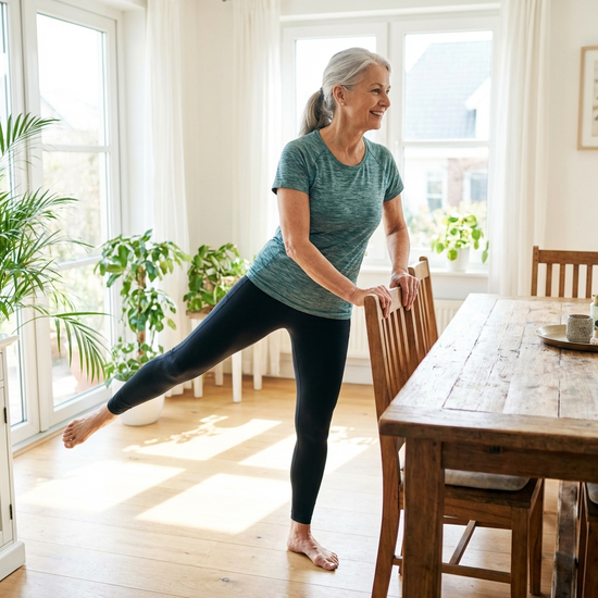 Eine fitte Seniorin steht aufrecht hinter einem Holzstuhl im Esszimmer, hält sich an der Lehne fest und hebt kontrolliert ein Bein zur Seite. Helles, freundliches Ambiente.
